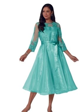 Ey Boutique Enchanting Organza Teal Lace Satin Fit & Flare Dress with Bow Sz 12
